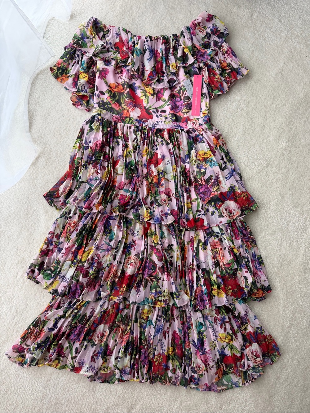 BNWT Aqua x Mary Katrantzou Pink Floral Off Shoulder Tiered Ruffle Dress